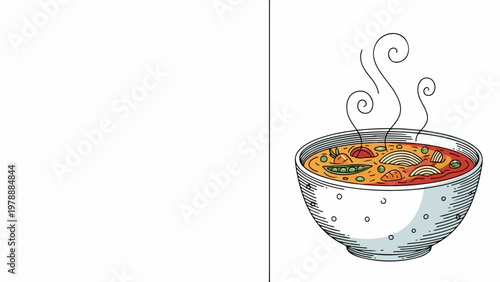 Vector illustration of steaming hot soup in a bowl with vegetables and meat, for culinary blogs and restaurant menus.