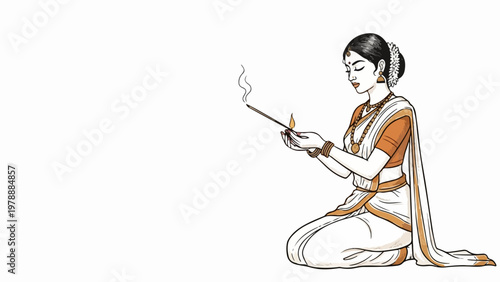Indian woman praying with incense stick, traditional attire, cultural ritual, vector illustration for spiritual and religious themes.