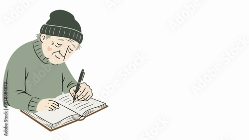 Elderly man writing in notebook, vector illustration. Old person with beanie and sweater, focused on journaling or note taking. Concept of memory, reflection, or creative writing.