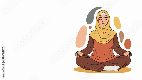 Vector illustration of Muslim woman meditating in lotus pose, embracing inner peace and mindfulness. Woman in hijab practicing yoga for wellness and self care.