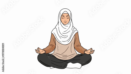 Muslim woman in hijab meditating peacefully in lotus pose, vector illustration for wellness and mindfulness. for branding, packaging, banner, poster, website header, and social media design use
