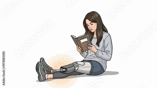 Young woman with prosthetic leg reading book, vector illustration. Woman with disability enjoying literature, adaptive lifestyle concept for education and inspiration.