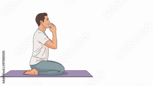 Man meditating in Vajrasana pose on yoga mat, vector illustration. Calm man practicing mindfulness meditation, seated in thunderbolt pose for spiritual wellness.