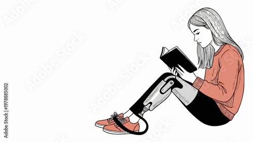Vector illustration of young woman with prosthetic leg reading book, concept of adaptation and learning vector.
