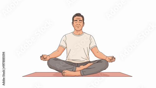 Man meditating in lotus pose, vector illustration. Calm man practicing yoga, mindfulness and relaxation. Wellness concept for health and balance.