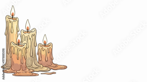 Vector illustration of dripping candles with flames, warm glow, and melted wax, for ambiance and celebration themes.