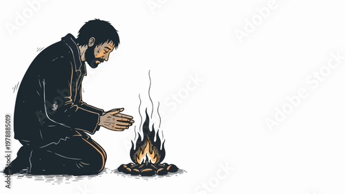 Man warming hands by small campfire, vector illustration. Man seeking warmth from fire, concept of survival and basic needs. Outdoor camping scene for adventure and resilience themes.