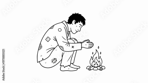 Man warming hands by small campfire vector illustration. Homeless person seeking warmth from tiny fire, symbolizing survival and basic needs. Concept vector art for social issues and resilience.