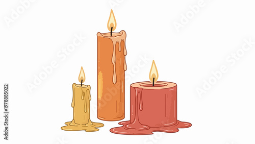 Vector illustration of three burning candles with dripping wax in different sizes and colors, creating a warm ambiance for celebrations or relaxation.