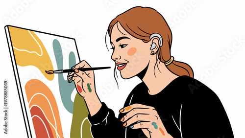 Woman artist painting abstract art on canvas, creative process vector illustration. Woman artist painting abstract art, hobby and leisure activity.