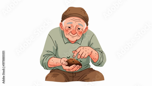 Elderly man planting seeds in soil, vector illustration of gardening hobby and nature connection. Senior farmer tending to soil, representing growth and agriculture.