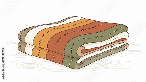 Folded blanket with retro stripes and dots pattern vector illustration. Cozy textile for home decor and comfort. Warm fabric for bedding and furniture.