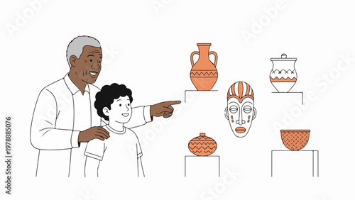 Grandfather and grandson exploring African art exhibition, pointing at tribal masks and pottery. Cultural heritage exploration for educational purposes, vector illustration.