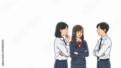 Japanese students talking vector illustration. Three young people in school uniforms conversing animatedly. Educational concept for school communication.