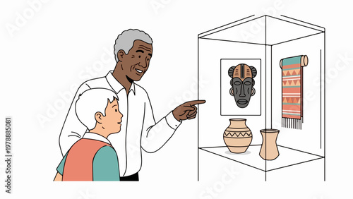 Vector illustration of grandfather and grandson at museum exhibit pointing at cultural artifacts in display case. Educational museum visit for family learning about history and art.