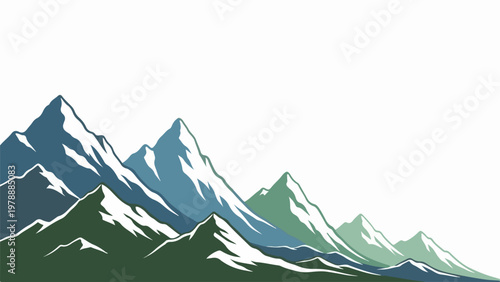Stylized mountain range vector illustration with snow capped peaks and green foothills, for outdoor adventure themes and nature graphic design.