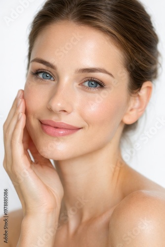 Stunning vertical portrait of a beautiful woman. Soft natural light enhances her radiant skin. This image captures elegance and confidence, perfect for beauty and fashion branding.