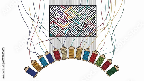Vector illustration of colorful threads connecting spools to a geometric maze pattern. Crafting concept for creative projects and design.