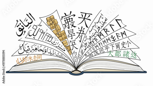 Open book with diverse scripts and characters vector illustration for global communication and education concept. for branding, packaging, banner, poster, website header, and social media design use