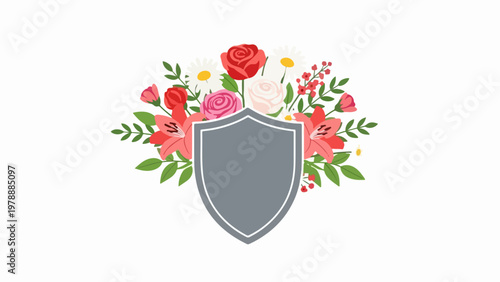 Floral shield emblem vector illustration with blooming flowers and green leaves, emblem for protection or identity, decorative floral crest for design.