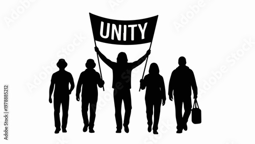 Vector illustration of diverse people holding unity flag in solidarity, promoting togetherness and harmony. Unity concept for social movements and community building.