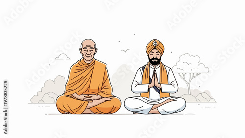 Vector illustration of meditating monk and Sikh man in orange and white robes sitting cross-legged. Spirituality and meditation concept with serene background.