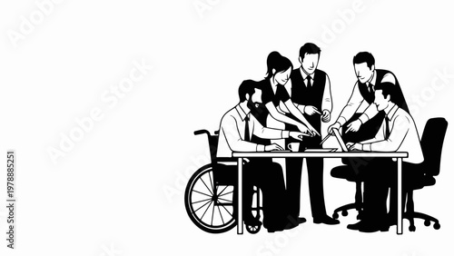 Diverse team meeting with wheelchair user, vector illustration of inclusive business collaboration.
