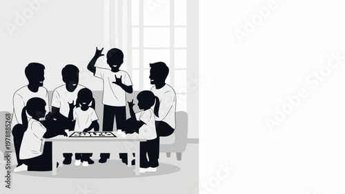 Vector family gathering around table with food, family having meal together, vector illustration of family dinner. Family enjoying food.