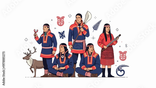 Vector illustration of Inuit family with reindeer and traditional clothing, Arctic culture symbols. Inuit people in blue and orange robes with hunting gear and animal masks.
