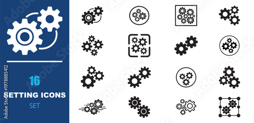 Minimalist gear icon set, 16 setting icons for interface design, black cogwheel symbols for industrial engineering and software configuration