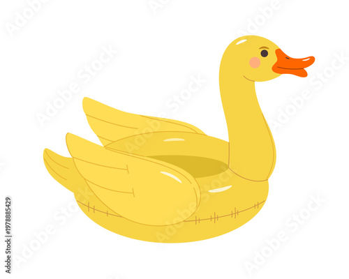 Yellow inflatable duck pool float for summer fun and water activities. Vector illustration of inflatable children's ring for pool, family vacation at seaside with children, and beach party.