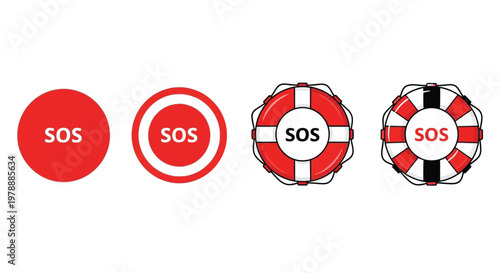 A series of red and white circular icons depicting a progression of a life preserver with sos