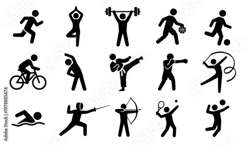Sports and Fitness Activities Icons Set. Active Lifestyle Stick Figure Symbols