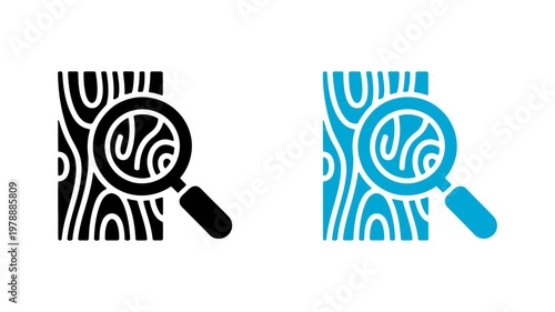 Wood inspection magnifying glass icon set for lumber quality control and timber industry analysis