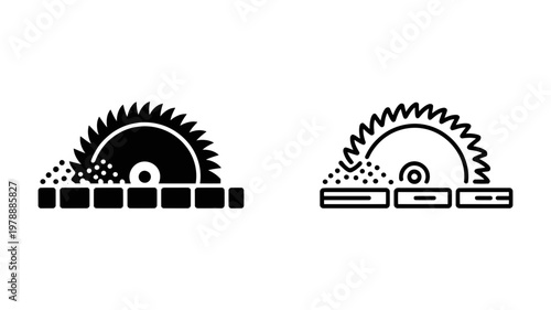 Industrial circular saw blade cutting through material icon set for construction and workshop branding
