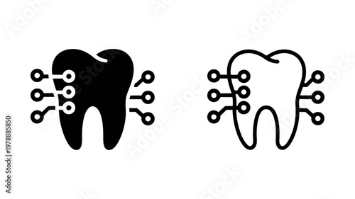 Smart digital tooth with integrated microchip circuit icon set for advanced dental health technology