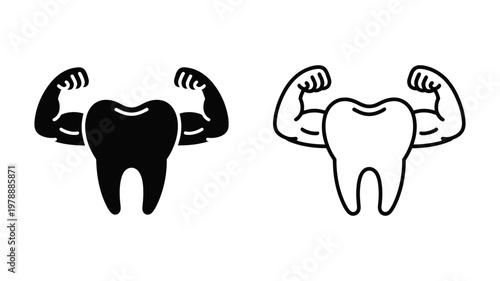 Strong healthy tooth with muscular arms icon set symbolizing dental strength and oral hygiene power