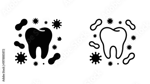 Dental caries and bacteria infection vector icon set illustrating tooth decay symptoms for oral health care