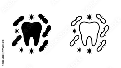 Tooth decay and oral bacteria vector icon set depicting dental plaque and cavity causing germs on enamel