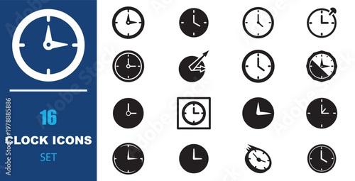Minimalist clock icons set, 16 black and white time symbols, flat vector watch and stopwatch collection for business scheduling and productivity
