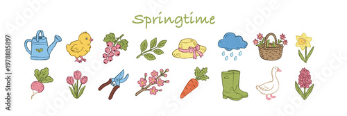Spring season gardening icons set with flowers, animals, tools and plants illustration