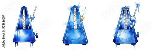 Foto Blue Watercolor Metronome Set, Artistic Musical Rhythm Icons with Paint Splatter