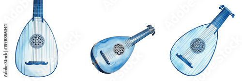 Fotografie Blue Watercolor Oud Lute PNG, Artistic Arabic Musical Instrument Illustration, C