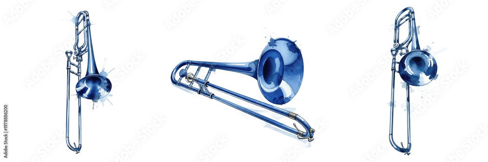 Obraz premium Blue Watercolor Trombone Brass Instrument PNG, Classical Music Illustration, Artistic Blue Jazz Instrument Clipart, Orchestra Brass Design Element, Creative Musician Graphic Art