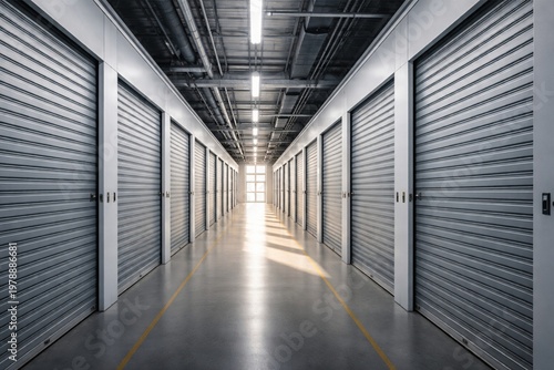 Empty storage hallway with metal roller doors