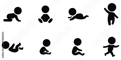 Baby activity stages icon set with crawling and walking poses, Infant growth and movement silhouettes, Child development collection