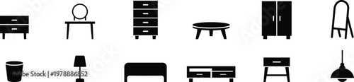 Furniture icon set with home interior essentials, Bed table chair and storage symbols, Household furniture silhouette collection