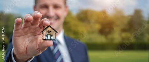 A male realtor holds a house symbol in his hand, outdoor