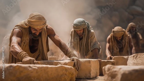 Hebrew slaves building store cities in Egypt under harsh oversight, a tense scene of oppression, labor, and endurance.