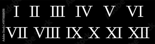 Roman Numerals Set I to XII White Isolated on Black Background. Classic Numbers for Clocks and Design.